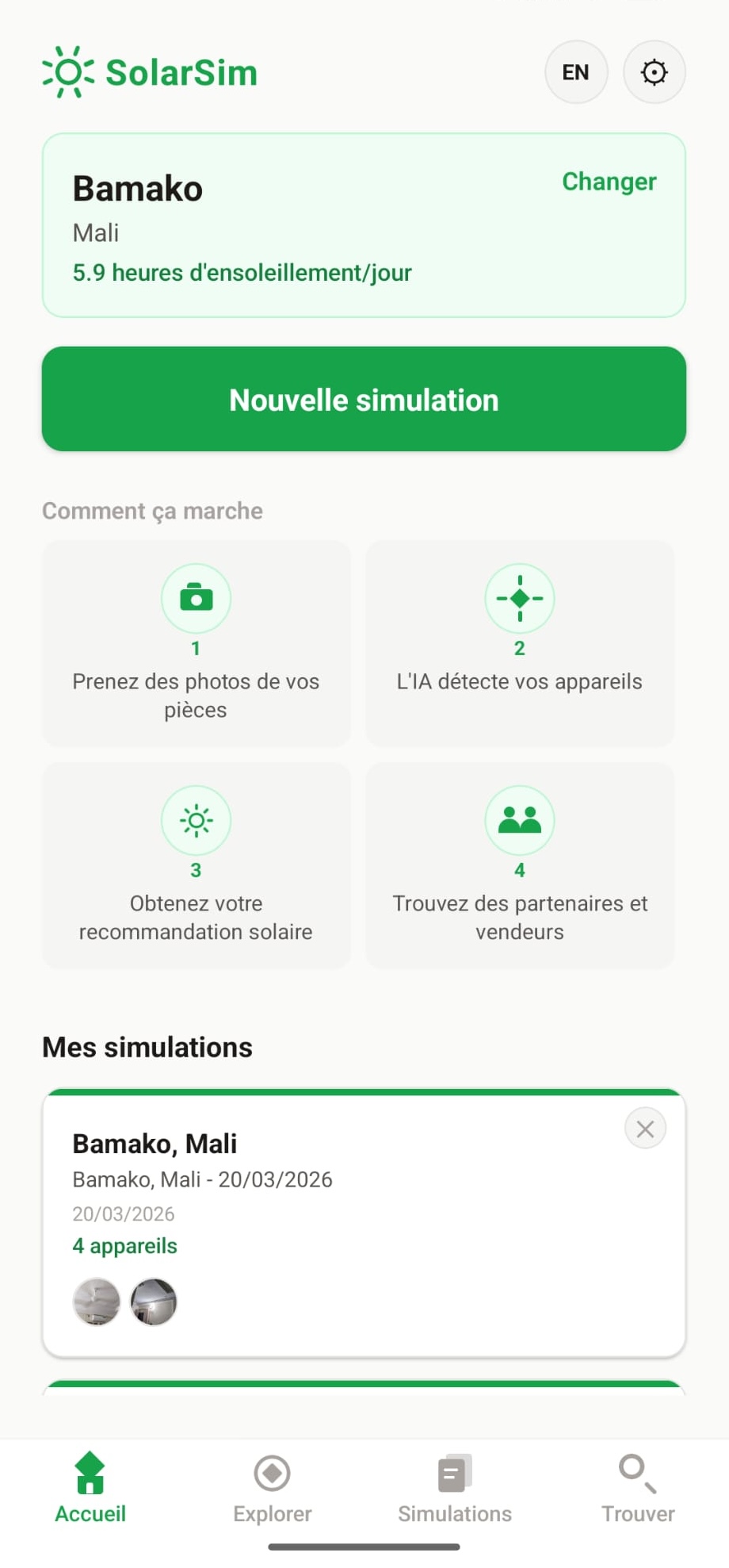 Tableau de bord SolarSim